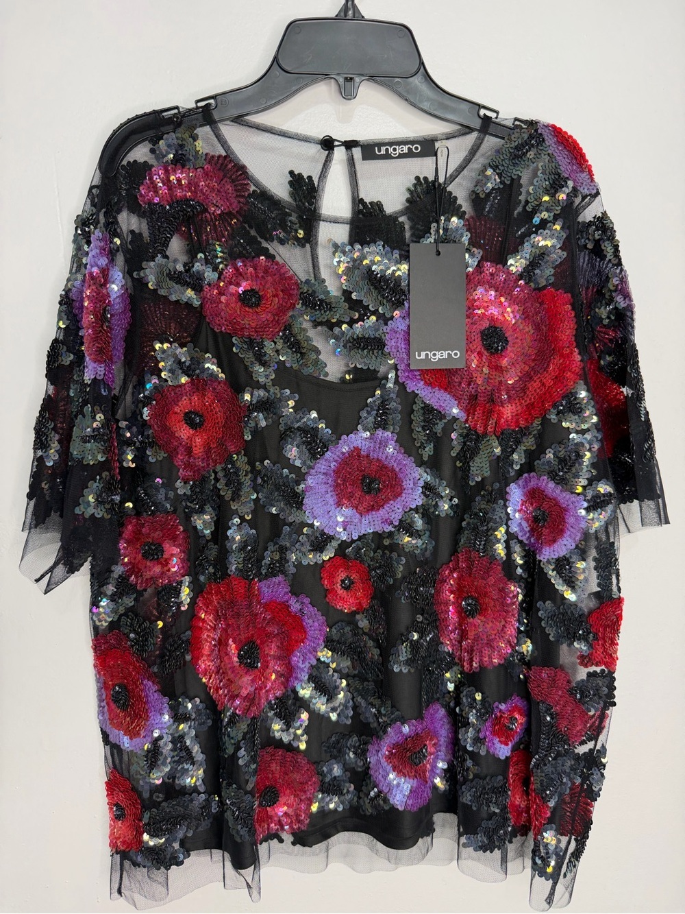 NWT Ungaro Black Sheer Sequin Floral Top with Red & Purple Appliqué